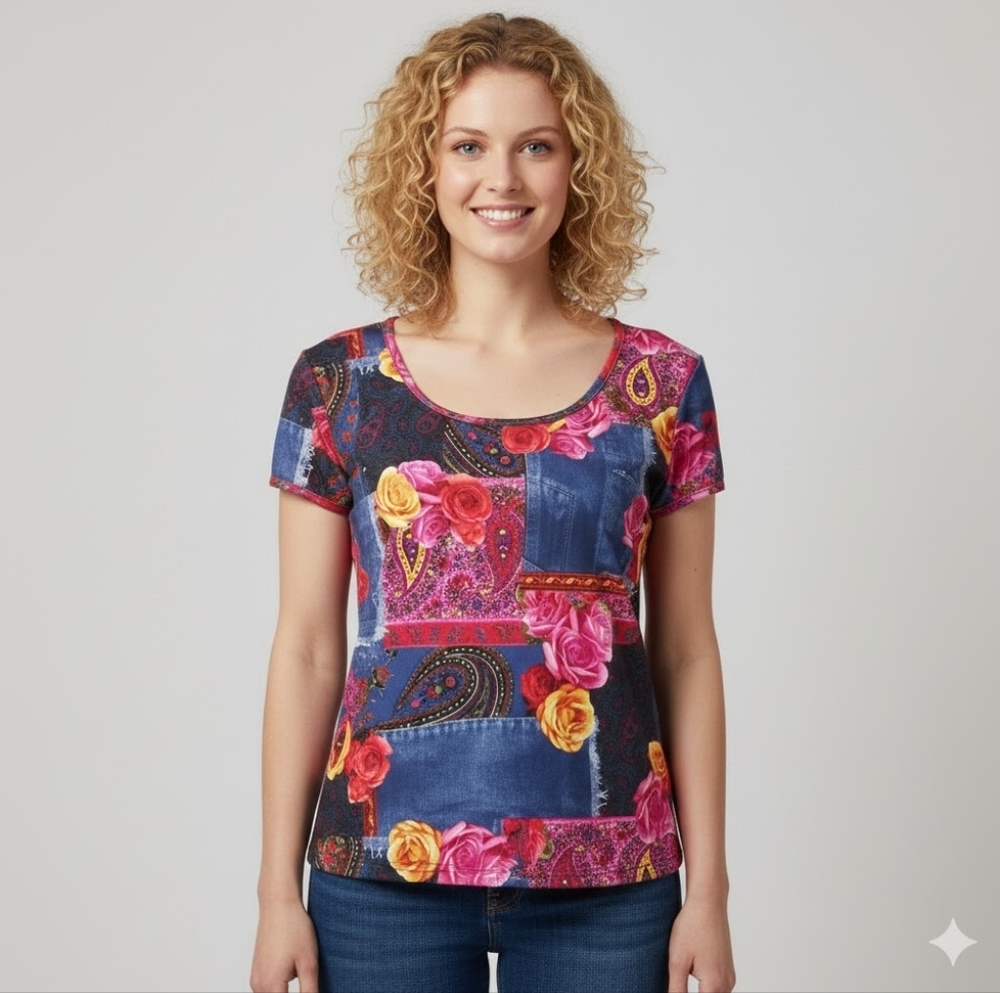 Hot Kiss Juniors Square Neck Floral Patchwork Back Tie Top Size Large